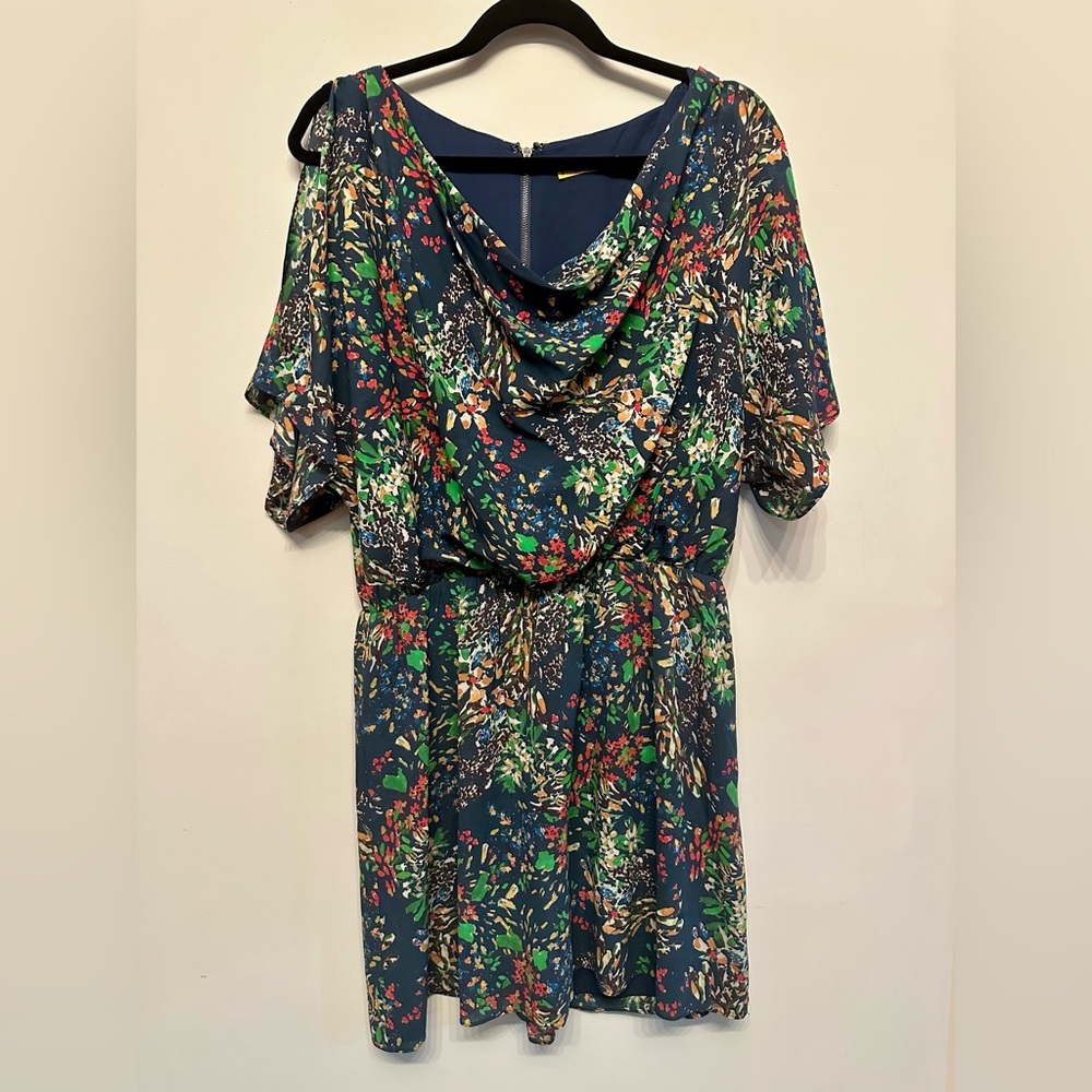 Alice + Olivia Navy Floral Midi Dress with Green and Pink Accents